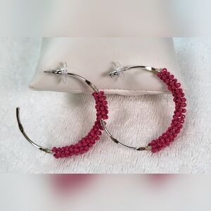 Hot Pink Beaded Hoop Retro 80s Statement Earrings / Pierced